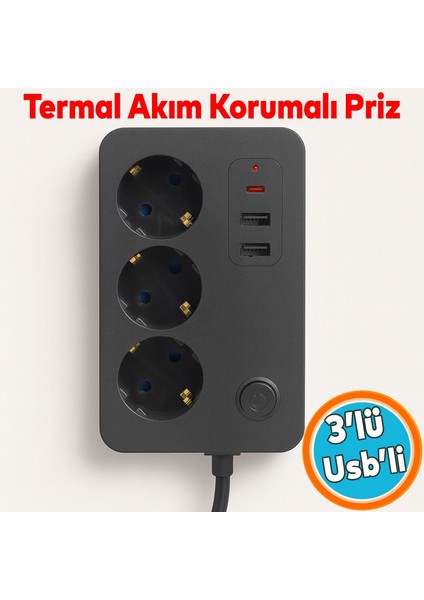 Çocuk Akım Korumalı Topraklı Golyat Grup Şarj Fiş Priz 3 Prizli 3 USB Girişli 2 Metre Uzatma Kablosu