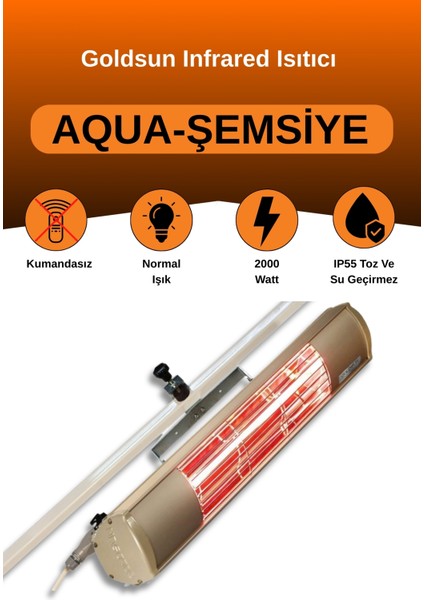 Aqua 2000 Watt GSU20 Şemsiye Tip Kumandasız Suya Dayanıklı Elektrikli İnfrared Isıtıcı-Bej