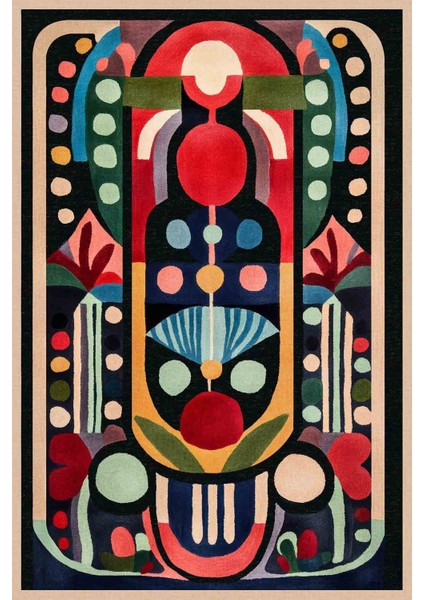 Modern ve Canlı Renkli Geometrik Halı Modeli Siyah Etnik Desenli Ponponlu Yıkanabilir Halı MILANO272