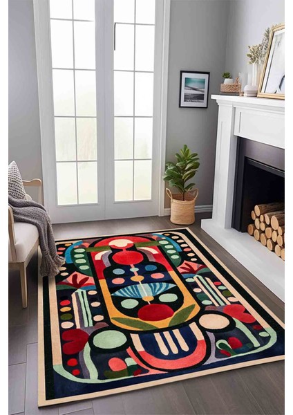Modern ve Canlı Renkli Geometrik Halı Modeli Siyah Etnik Desenli Ponponlu Yıkanabilir Halı MILANO272 fiyatları