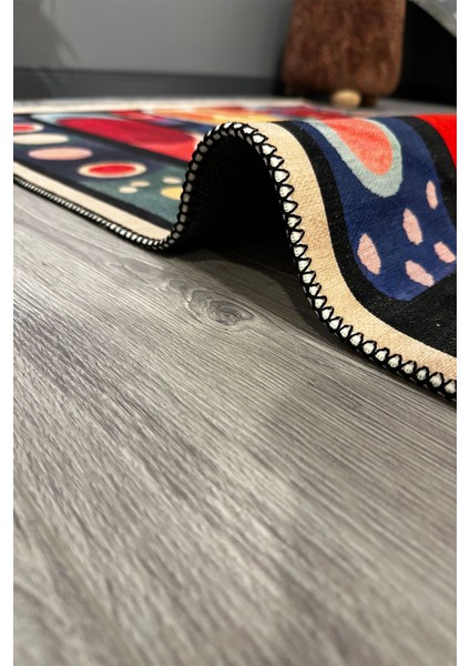 Modern ve Canlı Renkli Geometrik Halı Modeli Siyah Etnik Desenli Ponponlu Yıkanabilir Halı MILANO272 modelleri