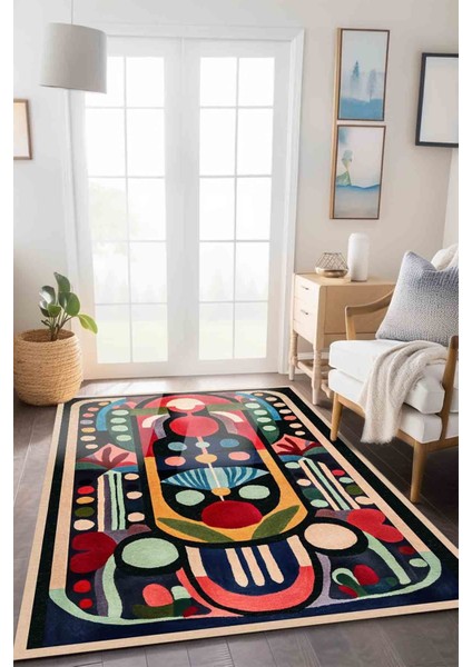 Modern ve Canlı Renkli Geometrik Halı Modeli Siyah Etnik Desenli Ponponlu Yıkanabilir Halı MILANO272 fırsatları