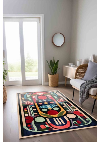 Modern ve Canlı Renkli Geometrik Halı Modeli Siyah Etnik Desenli Ponponlu Yıkanabilir Halı MILANO272 indirimleri