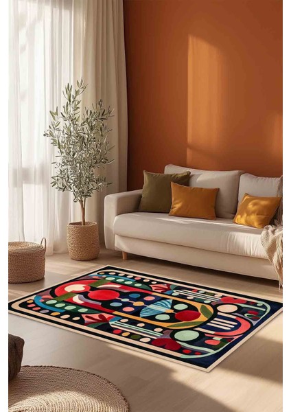 Modern ve Canlı Renkli Geometrik Halı Modeli Siyah Etnik Desenli Ponponlu Yıkanabilir Halı MILANO272