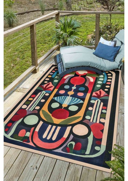 Modern ve Canlı Renkli Geometrik Halı Modeli Siyah Etnik Desenli Ponponlu Yıkanabilir Halı MILANO272