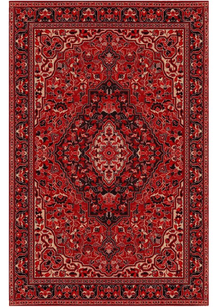 Mars Kırmızı Siyah Etnik Desenli Vintage Şönil Dekoratif Yıkanabilir Salon Halısı 270