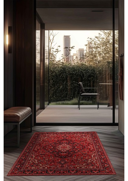 Mars Kırmızı Siyah Etnik Desenli Vintage Şönil Dekoratif Yıkanabilir Salon Halısı 270 fiyatları