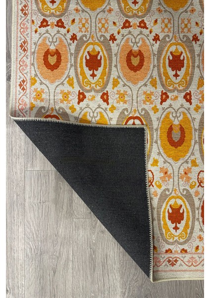 Turuncu Sarı ve Krem Tonları Etnik Desenli Otantik Dokuma Şönil Yıkanabilir Salon Halısı MARS287 fırsatları