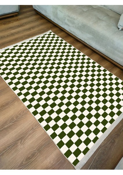 Mars Halı Yeşil Krem Dama Desenli Saçaklı Geometrik Salon Mutfak Koridor Halısı Mars E 35 modelleri