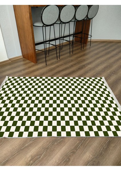 Mars Halı Yeşil Krem Dama Desenli Saçaklı Geometrik Salon Mutfak Koridor Halısı Mars E 35