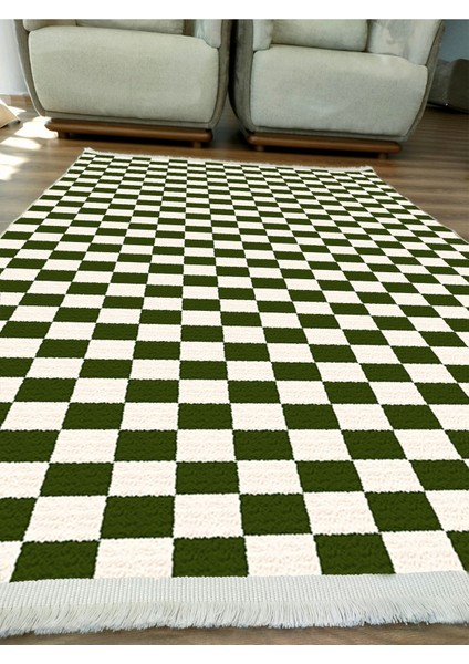 Mars Halı Yeşil Krem Dama Desenli Saçaklı Geometrik Salon Mutfak Koridor Halısı Mars E 35 fırsatları