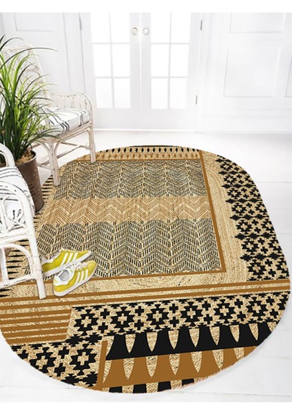 Boho 992 Oval Siyah Yel Motifli Etnik Desenli Jüt Rengi Örgü Yuvarlak Natural Çift Taraflı Halı modelleri