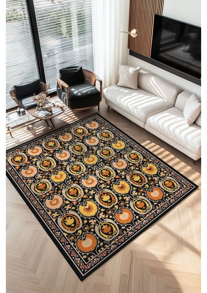Hardal Turuncu ve Siyah Tonları Etnik Desenli Otantik Dokuma Şönil Yıkanabilir Salon Halısı MARS286 indirimleri