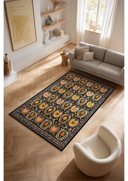 Hardal Turuncu ve Siyah Tonları Etnik Desenli Otantik Dokuma Şönil Yıkanabilir Salon Halısı MARS286