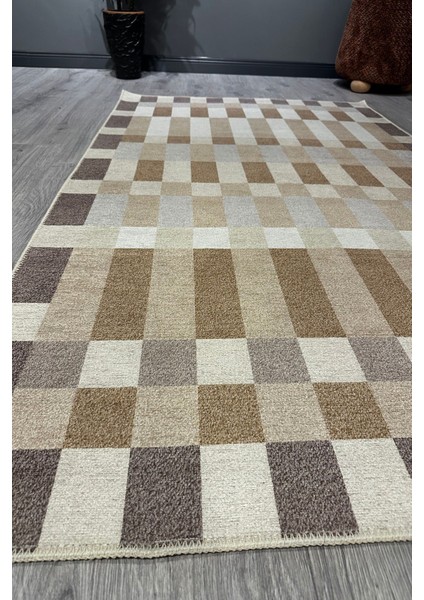 Bej Kahve Tonlu Geometrik Desenli Yıkanabilir Yumuşak Salon Koridor Yolluk Halısı MARS2266