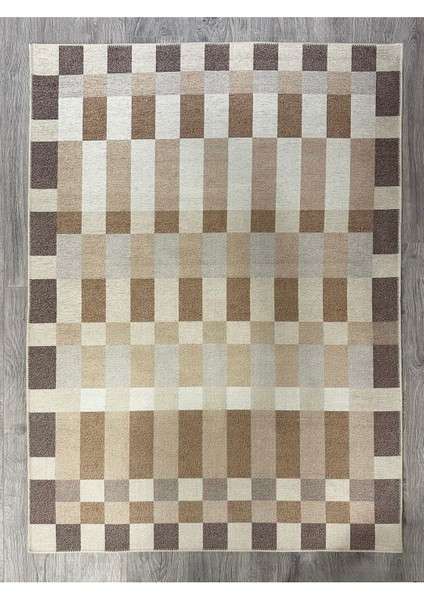 Bej Kahve Tonlu Geometrik Desenli Yıkanabilir Yumuşak Salon Koridor Yolluk Halısı MARS2266