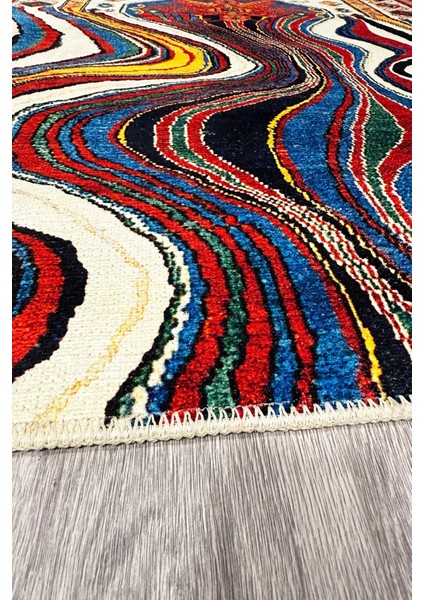 Bej Modern Dalga Desen Temalı Otantik Şönil Dokuma Yıkanabilir Leke Tutmaz Salon Halısı MARSE75