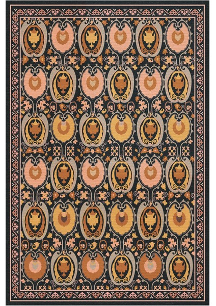 Hardal Turuncu ve Siyah Tonları Etnik Desenli Otantik Dokuma Şönil Yıkanabilir Salon Halısı MARS286