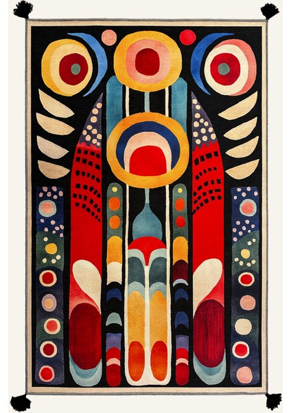 Milano Modern ve Canlı Renkli Geometrik Halı Modeli Siyah Etnik Desenli Püsküllü Yıkanabilir HALI271