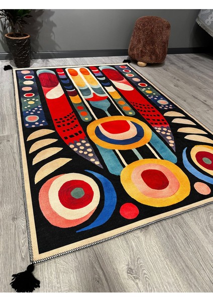Milano Modern ve Canlı Renkli Geometrik Halı Modeli Siyah Etnik Desenli Püsküllü Yıkanabilir HALI271 fiyatları
