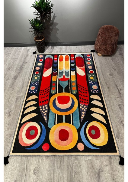 Milano Modern ve Canlı Renkli Geometrik Halı Modeli Siyah Etnik Desenli Püsküllü Yıkanabilir HALI271 modelleri
