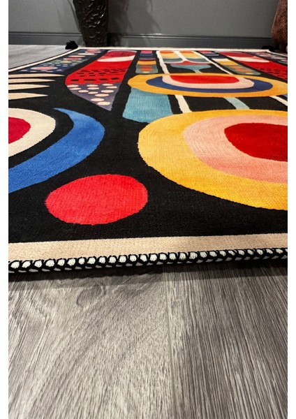 Milano Modern ve Canlı Renkli Geometrik Halı Modeli Siyah Etnik Desenli Püsküllü Yıkanabilir HALI271 indirimleri