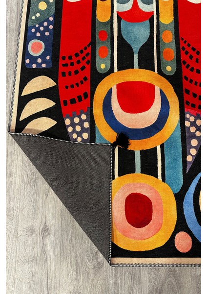 Milano Modern ve Canlı Renkli Geometrik Halı Modeli Siyah Etnik Desenli Püsküllü Yıkanabilir HALI271