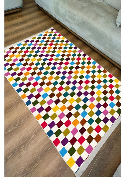 Mars Halı Modern Kareli Desenli Renkli Pamuk Dokuma Taban Halı E47