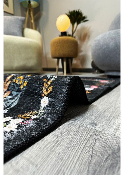 Siyah Halı Dekoratif Çiçekli Tasarım Otantik Yazlık Yıkanabilir Dokuma Şönil Salon Halısı MARS284