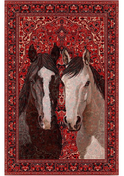 Mars Kırmızı At Desenli Vintage Binicilik Tema Şönil Dekoratif Yıkanabilir Salon Halısı 269