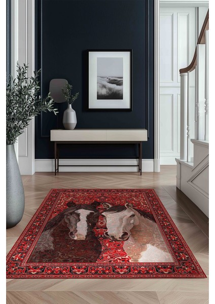 Mars Kırmızı At Desenli Vintage Binicilik Tema Şönil Dekoratif Yıkanabilir Salon Halısı 269 fiyatları