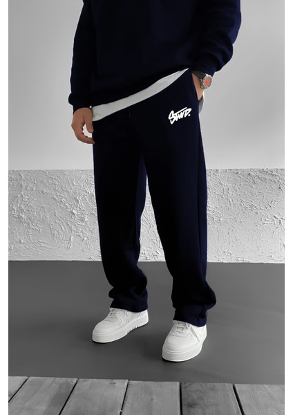 Stwd Baskılı Baggy Lacivert Yazlık 3 Iplik Bol Kesim Düz Paça Mevsimlik Eşofman Altı RF0541
