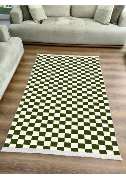 Mars Halı Yeşil Krem Dama Desenli Saçaklı Geometrik Salon Mutfak Koridor Halısı Mars E 35