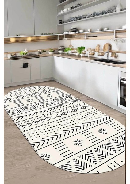Dijital Kaymaz Yıkanabilir Oval Kırık Beyaz Mutfak Halısı Salon Halısı Yolluk DC-5101