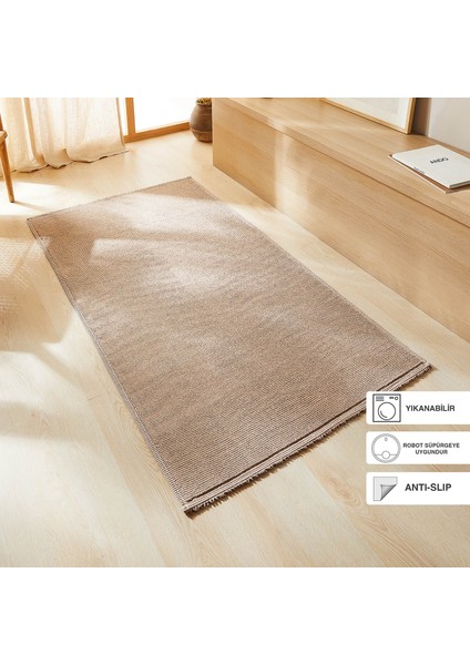 Yıkanabilir Pamuklu Bej Renk Buklet Kilim 120 x 180 cm