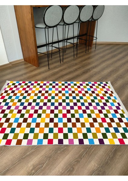 Mars Halı Modern Kareli Desenli Renkli Pamuk Dokuma Taban Halı E47 fiyatları
