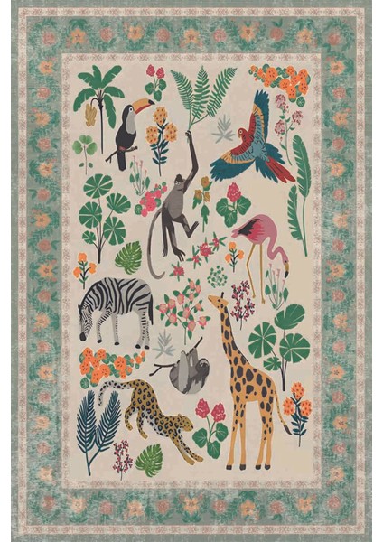 Floral Sevimli Hayvan Temalı Çok Renkli Dokuma Taban Halı Salon Halısı Çocuk Halısı Mars 249