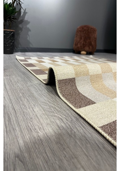 Bej Kahve Tonlu Geometrik Desenli Yıkanabilir Yumuşak Salon Koridor Yolluk Halısı MARS2266 modelleri