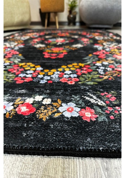 Siyah Halı Dekoratif Çiçekli Tasarım Otantik Yazlık Yıkanabilir Dokuma Şönil Salon Halısı MARS284 modelleri