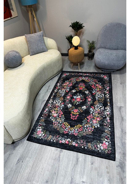 Siyah Halı Dekoratif Çiçekli Tasarım Otantik Yazlık Yıkanabilir Dokuma Şönil Salon Halısı MARS284