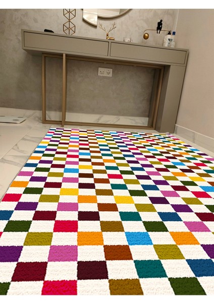 Mars Halı Modern Kareli Desenli Renkli Pamuk Dokuma Taban Halı E47 modelleri