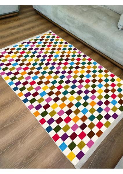 Mars Halı Modern Kareli Desenli Renkli Pamuk Dokuma Taban Halı E47