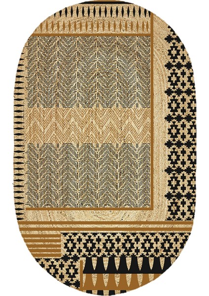 Boho 992 Oval Siyah Yel Motifli Etnik Desenli Jüt Rengi Örgü Yuvarlak Natural Çift Taraflı Halı