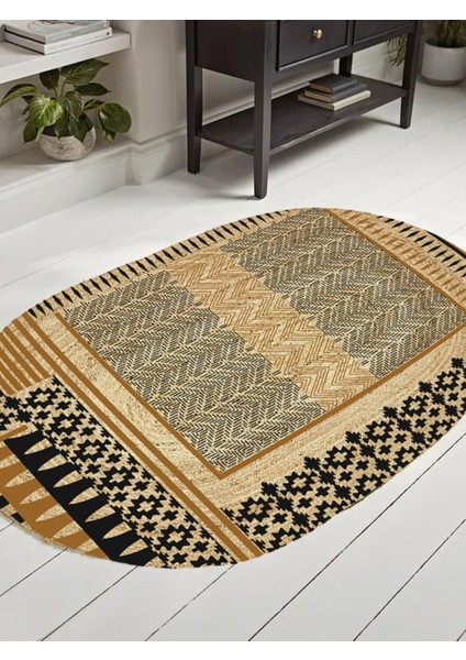Boho 992 Oval Siyah Yel Motifli Etnik Desenli Jüt Rengi Örgü Yuvarlak Natural Çift Taraflı Halı fiyatları
