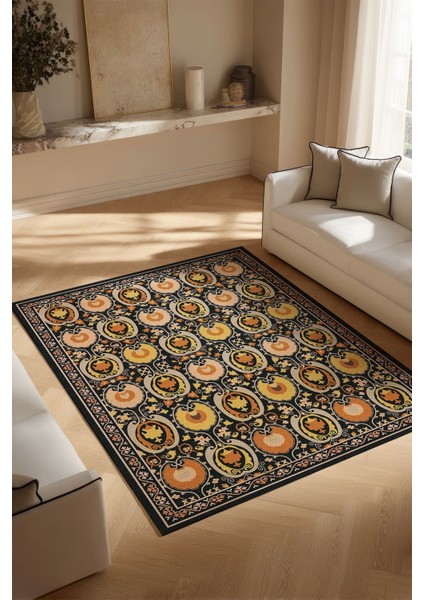Hardal Turuncu ve Siyah Tonları Etnik Desenli Otantik Dokuma Şönil Yıkanabilir Salon Halısı MARS286 modelleri
