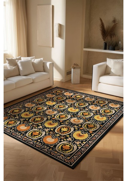 Hardal Turuncu ve Siyah Tonları Etnik Desenli Otantik Dokuma Şönil Yıkanabilir Salon Halısı MARS286 fırsatları