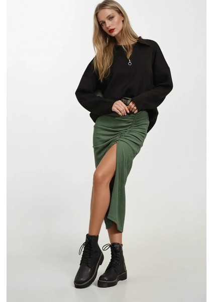 Kadın Zümrüt Yeşili Yırtmaçlı Uzun Etek HZL22S-BD118801 fiyatları