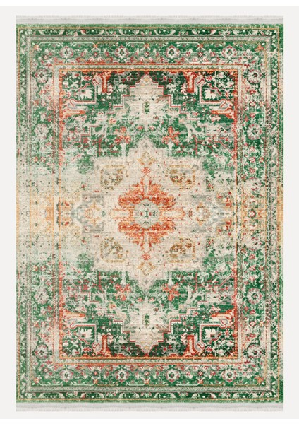 Mars Halı Yeşil Tonlarında Etnik Eskitme Pamuk Dokuma Taban Halı E38