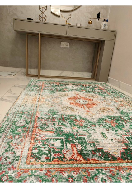 Mars Halı Yeşil Tonlarında Etnik Eskitme Pamuk Dokuma Taban Halı E38 fiyatları