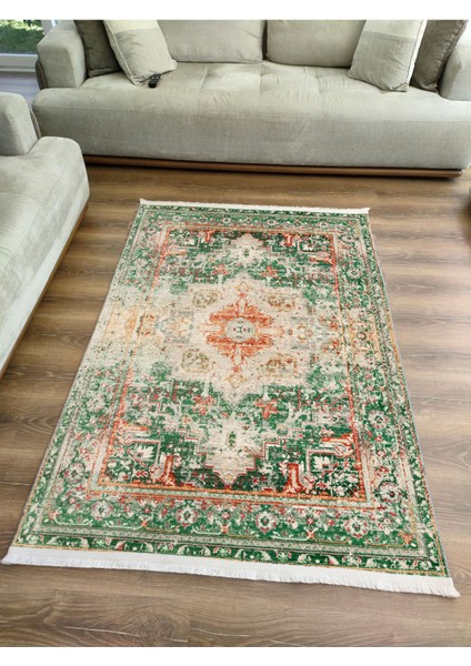 Mars Halı Yeşil Tonlarında Etnik Eskitme Pamuk Dokuma Taban Halı E38 fırsatları